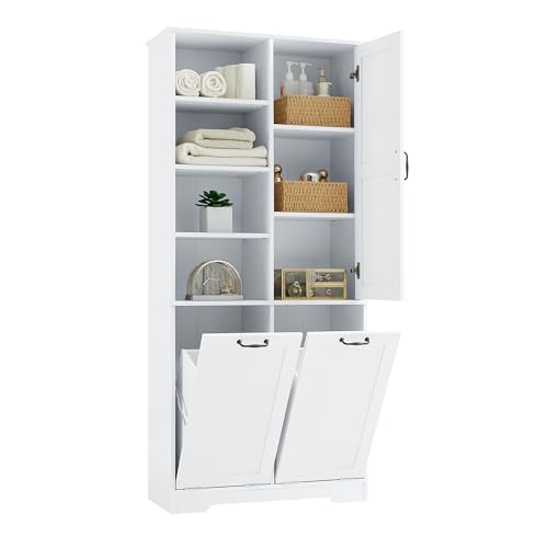 Merax Cabinet with Tilt-Out Laundry Hamper Basket, Tall Bathroom Storage Organizer Linen with Open Shelf for Home, Freestanding, White - color: White