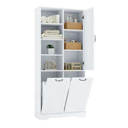 Merax Cabinet with Tilt-Out Laundry Hamper Basket, Tall Bathroom Storage Organizer Linen with Open Shelf for Home, Freestanding, White - color: White