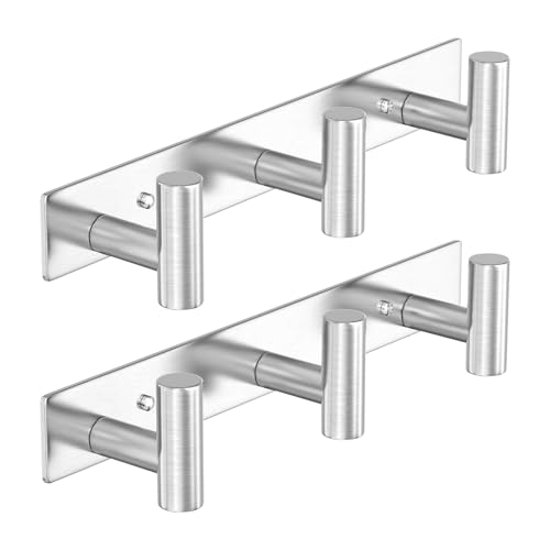 HUFEEOH 2 Pack Coat Hooks Wall Mount, Silver T Shaped 3 Hooks Wall Hooks Stainless Steel Coat Hanger, Heavy Duty Towel Hooks Purse Rack for Hanging - color: Silver, size: 2 Pack "T" shape 3 hooks