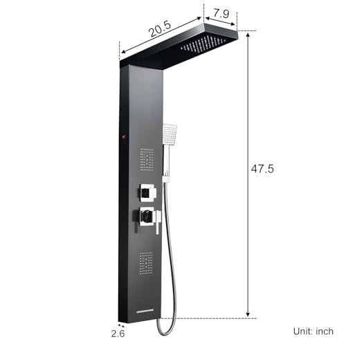5-in-1 LED Shower Panel Tower System Stainless Steel Black | LED waterfall + rainfall | 2-in-1 body jets | Handheld shower | Bathtub filler | Wall mount - color: Black