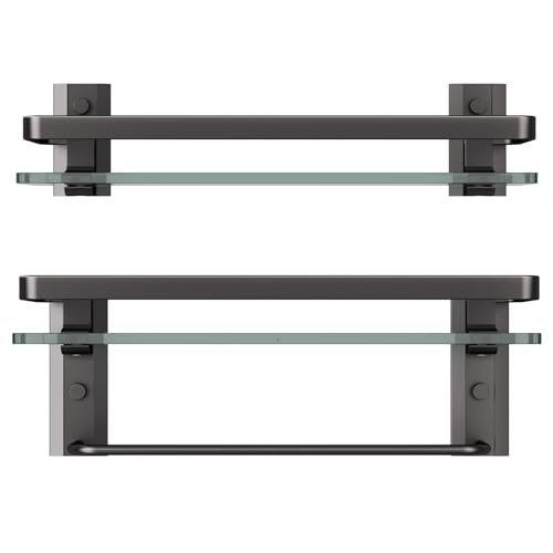 Bathroom Shelves Wall Mounted, Clear Tempered Glass Shelf with Towel Bar, Hand Towel Holder(Matte Black) - color: Black, size: Combo Set