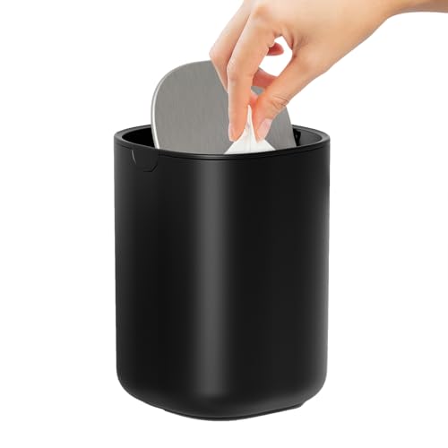 CEROELDA Mini Desktop Trash Can with Swing-Top Lid, 0.4 Gal/1.5L Tabletop Trash Can, Small Wastebasket for Bathroom Countertop, Vanitie, Coffee Area, or Office (Black) - color: Black