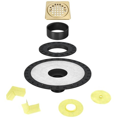 4” Shower Drain Grate Kit with Flange, Fits Schluter Kerdi-Drain | Square Shower Drain with 2 Inch ABS Flange, Adjustable Collar, SUS 304 Stainless Steel Grate, For Bathroom, Brushed Brass - color: Brushed Brass, size: 4 Inch Kit with Flange