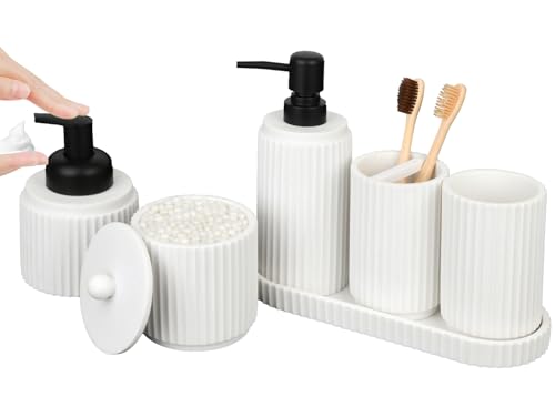 White Bathroom Accessory Set - 6 Pcs: Toothbrush Holder, Lotion & Foaming Soap Dispensers, Qtip Holder, Vanity Tray, Bathroom Tumbler, Countertop Organizer - color: White