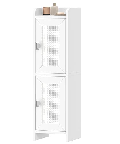Akxomel Rattan Small Bathroom Cabinet Narrow Toilet Paper Organizer White | 7.9''D x 7.9''W Bathroom Organizer and Storage Cabinet for Small Space, Slim Corner Unit with Adjustable Shelf - color: White Rattan, size: 7.9''D x 7.9''W x 27.6''H