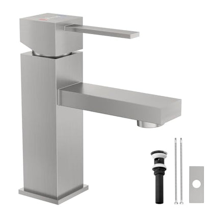 APPASO Bathroom Faucets with Deck Plate for 1-3 Hole Sink Brushed Nickel | Single Hole with Pop Up Drain Assembly, Modern Bathroom Faucet Single Handle Stainless Steel for Vanity Lavatory Basin - color: Brushed Nickel-2