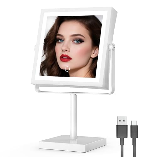 Ruacq Makeup Mirror with Lights, 4000mAh Rechargeable Magnifying Mirror with Light, 1X/10X, Height Adjustable Bathroom Vanity Mirror, 3 Colors, Adjustable Brightness (White) - color: White