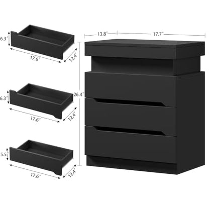 Night Stand with 3 Drawers, Nightstand with App-Controlled Adjustable LED Light, Bedside Table with Slidable Hidden Storage Space, Modern Nightstands for Bedroom,Black - color: Unbzx032hd-zf