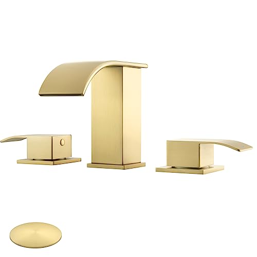 GAGALIFE 8 Inch Waterfall Bathroom Faucets 3 Hole - Brushed Gold Widespread Bathroom Faucet with Pop-up Drain, Two Handles Bathroom Sink Faucet, Modern Vanity Sink faucets with Supply Lines - color: Gold, style: With Drain