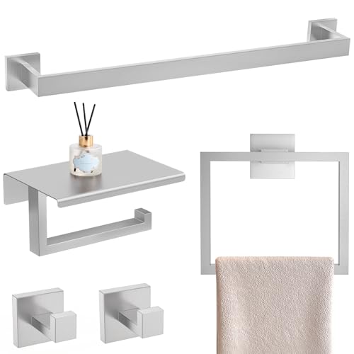 YACVCL 5 Pieces Brushed Nickel Bathroom Accessorie Set 23.6 Inch Towel Bar Set SUS304 Stainless Steel Towel Holder Set for Bathroom,Toilet Paper Holder with Shelf Wall-Mounted Bathroom Hardware Set - color: 5 Pcs Brushed Nickel