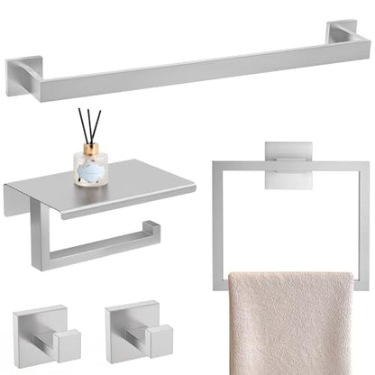 YACVCL 5 Pieces Brushed Nickel Bathroom Accessorie Set 23.6 Inch Towel Bar Set SUS304 Stainless Steel Towel Holder Set for Bathroom,Toilet Paper Holder with Shelf Wall-Mounted Bathroom Hardware Set - color: 5 Pcs Brushed Nickel