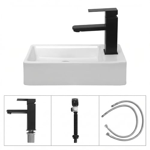 White Wall Mounted Ceramic Bathroom Sink, 14" x 7" Floating Vessel Sink | Rectangle, Black Faucet, Pop Up Drain, Ideal for Small Bathroom, Right Hand - size: 13.8''x6.8''