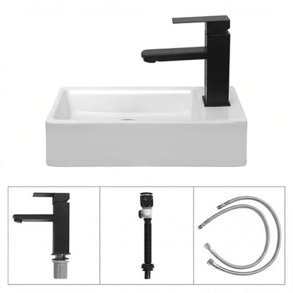 White Wall Mounted Ceramic Bathroom Sink, 14" x 7" Floating Vessel Sink | Rectangle, Black Faucet, Pop Up Drain, Ideal for Small Bathroom, Right Hand - size: 13.8''x6.8''