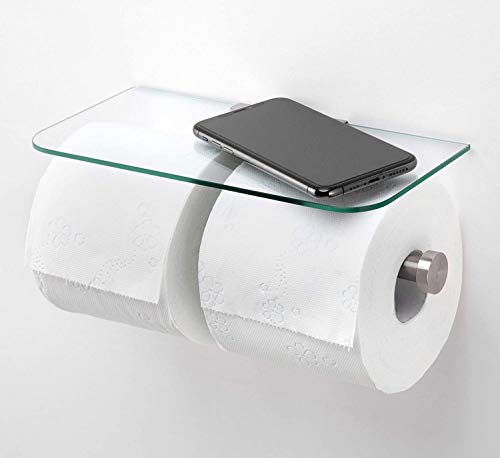 JackCubeDesign Double Toilet Paper Holder with Glass Shelf, Wall Mount Stainless Steel Dual Tissue Dispenser Holders for Bathroom (Glass Type2) - MK428D