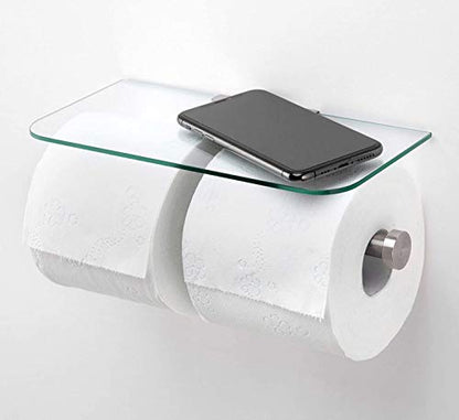 JackCubeDesign Double Toilet Paper Holder with Glass Shelf, Wall Mount Stainless Steel Dual Tissue Dispenser Holders for Bathroom (Glass Type2) - MK428D