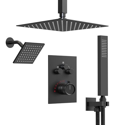 Ceiling Mount 12" High-Pressure Rainfall Shower Faucet, Dual Rainfall Shower Head System with Valve (Matte Black) - color: Black, style: Ceiling Mount
