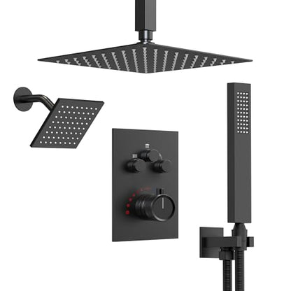 Ceiling Mount 12" High-Pressure Rainfall Shower Faucet, Dual Rainfall Shower Head System with Valve (Matte Black) - color: Black, style: Ceiling Mount