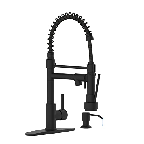 Kitchen Faucet with Soap Dispenser, Single Handle Spring Kitchen Sink Faucets with Pull Down Sprayer and Deck Plate,Black Faucet for Camper Farmhouse RV Kitchen Sink,Dual Function Spray Head - color: A.Matte Black, style: 1.Faucet+Soap Dispenser+Hole Cove
