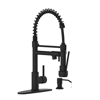 Kitchen Faucet with Soap Dispenser, Single Handle Spring Kitchen Sink Faucets with Pull Down Sprayer and Deck Plate,Black Faucet for Camper Farmhouse RV Kitchen Sink,Dual Function Spray Head - color: A.Matte Black, style: 1.Faucet+Soap Dispenser+Hole Cove