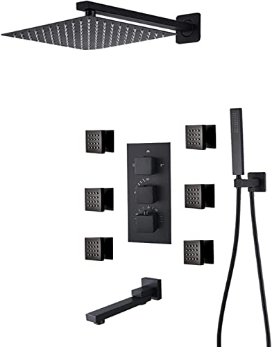 Shower System Thermostatic Concealed Shower Faucet Set Wall Mounted Matte Black Anti Scald Shower Combo Set with 6 Body Sprays with Hand Shower and Waterfall Rainfal,12 Inch - size: 12 Inch