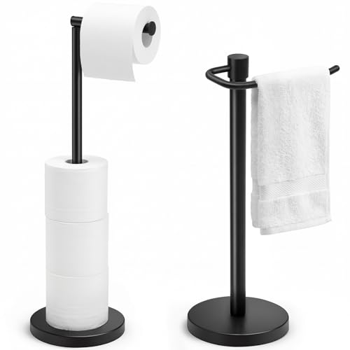 LemonRoad 2 Pack Freestanding Toilet Paper Holder & Hand Towel Stand Heavy Duty Stainless Steel Stable Weighted Base countertop Towel Holder 4 Spare Rolls Modern Bathroom Countertop Organizer Black