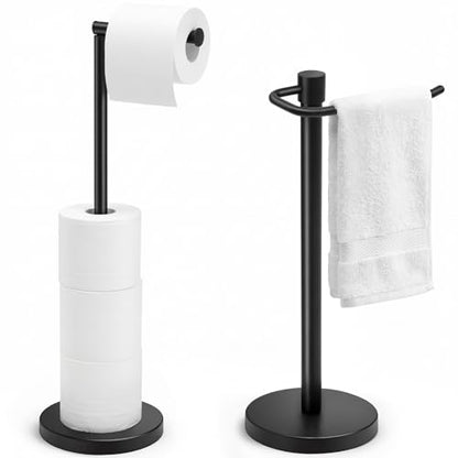 LemonRoad 2 Pack Freestanding Toilet Paper Holder & Hand Towel Stand Heavy Duty Stainless Steel Stable Weighted Base countertop Towel Holder 4 Spare Rolls Modern Bathroom Countertop Organizer Black