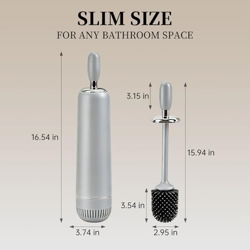 Toilet Brush and Holder Set,Luxury Toilet Brush & Sleek Stand, High-End Modern Silicone Toilet Brush Set, Non-Scratch Hygienic, Odor-Free Design - Easy to Clean (Matte Grey + Silver, B),Father's Day - color: Matte Grey + Silver
