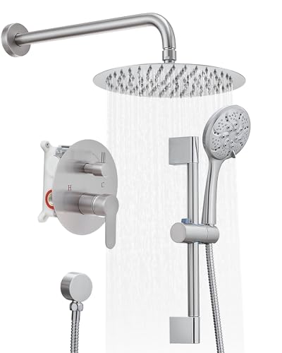 Fapully Wall Mounted 10-inch Shower System, Shower Faucets Sets Complete Round Shower Heads and Faucet Set with 6-Spray Handheld and Slide Bar Combo Included Valve and Trim Kit, Brushed Nickel