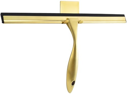 OPERNEE Shower Squeegee with Self Adhesive Hook, 10 Inches Stainless Steel Squeegee Cleaner, All-Purpose Window Scraper for Bathroom Doors, Mirror, Windows and Car Glass, Brushed Gold
