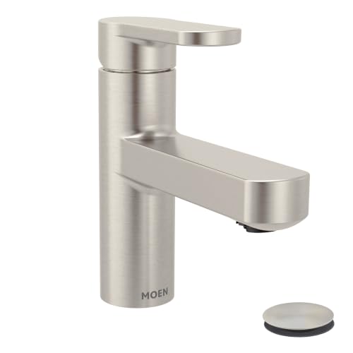 Moen Laris Spot Resist Brushed Nickel One-Handle Single Hole Modern Bathroom Sink Faucet with Optional Deckplate and Spring Loaded Drain Assembly, 84014SRN - color: Spot Resist Nickel