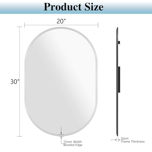 Frameless Oval Mirror, 20"x30" Beveled Oval Bathroom Mirrors | 5mm HD Glass, Anti-Rust, 15mm Frameless Beveled Mirror, French Cleat, Horizontally or Vertically, for bathroom/bedroom - size: 20"L x 30"W