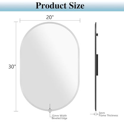 Frameless Oval Mirror, 20"x30" Beveled Oval Bathroom Mirrors | 5mm HD Glass, Anti-Rust, 15mm Frameless Beveled Mirror, French Cleat, Horizontally or Vertically, for bathroom/bedroom - size: 20"L x 30"W