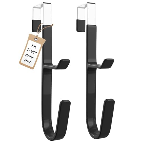 2 Pack Over The Door Hooks(L=7"), Over Door Hanger, Heavy Duty No Drill Hanger for Towels, Coats, Hats, Bags in Bathroom, Bedroom, Kitchen, Living Room-Black - color: Black(2 Pack 7")
