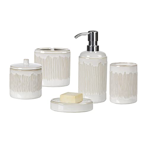 Bathroom Accessories Set, 5-Piece Ceramic Bath Accessory Complete Set with Lotion Dispenser/Soap Pump, Cotton Jar, Soap Dish, Tumbler and Toothbrush Holder (Ivory White)