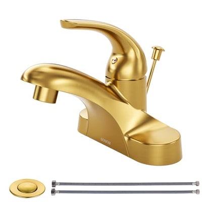 WOWOW 4 Inch Bathroom Faucet Single Handle Faucet for Bathroom Sink Brushed Gold Vanity Tap with Lift Rod Drain Assembly, Rv Lavatory Taps 3 Hole - color: Brushed Gold