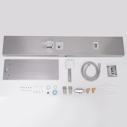 BWE Multi-Function Shower Panel System with Rainfall Shower Head Massage Body Jets and Handheld Shower Head 3 In1 Shower Panel Tower Stainless Steel for Home Hotel Resort Brushed Nickel and Chrome