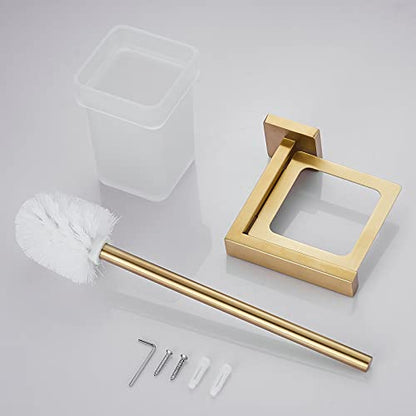Brushed Gold Toilet Brush and Holder Set, NEWRAIN Wall Mounted Toilet Bowl Brush with Long Handle, Stainless Steel Toilet Brushes for Bathroom-Space Saving - color: Brushed Gold
