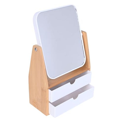 1x/5x Rectangle Magnifying Makeup Mirror, Jewelry and Cosmetics Storage Box | The Desktop Makeup Mirror Features Two Storage Compartments,360°Rotating Mirror Surface, and a Natural Bamboo Base