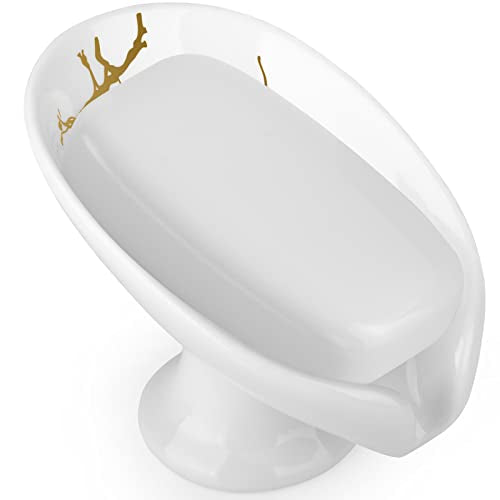 Soap Dish for Shower Ceramic Soap Holder Self Draining Leaf Shape Bar Soap Tray, Marble Pattern White Drain Soap Dish Holder for Bathroom,Easy Cleaning Keep Soap Dry - color: White