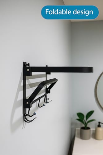 Foldable Towel Rack with Hooks – Wall Mounted Stainless Steel Bathroom Shelf for Towels, Bathrobes & Accessories | Double dacker, Rust-Resistant, Space-Saving Design for Modern Bathrooms (Matte Black) - color: Matte Black