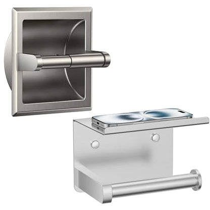 FORIOUS Recessed Toilet Paper Holder, Stainless Steel Durable Tissue Roll Holder Wall Mount for Bathroom Space Saving Design with Mounting Bracket, Wall Toilet Paper Dispenser Insert, Brushed Nickel