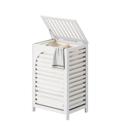 Laundry Hamper with Lid (16.9 * 13 * 26.5inches) Large Bamboo Laundry Bin Basket 85L Clothes Hamper with 1 Removable Bag Storage baskets for Bathroom (White) - color: White