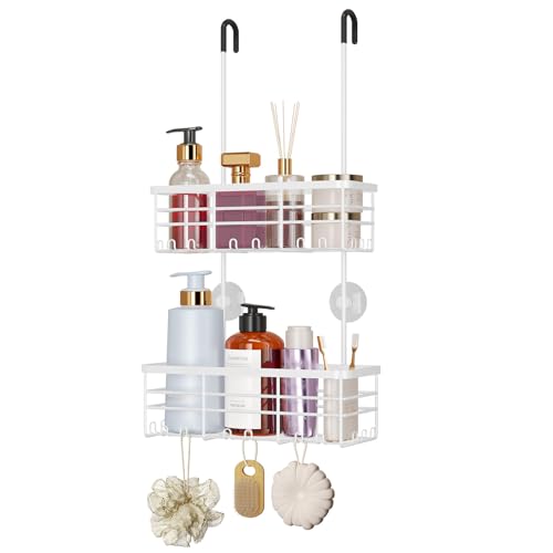 HapiRm Hanging Shower Caddy Organizer - No Drilling Shower Organizer with Hooks, Rustproof & Waterproof 304 Stainless Steel Bathroom Shelves - White - color: White