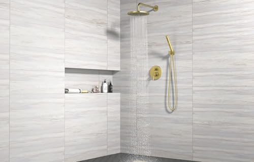 Lava Odoro Modern 2-Setting Round Rain Shower System, Gold Rainfall Shower Faucet Set Rain Shower Head and Handle Set, Shower Valve Trim Kit, 10 Inch, Brushed Gold, SF104-SG - color: Brushed Gold, style: Without Tub Spout