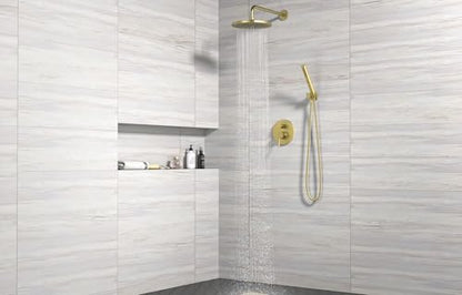 Lava Odoro Modern 2-Setting Round Rain Shower System, Gold Rainfall Shower Faucet Set Rain Shower Head and Handle Set, Shower Valve Trim Kit, 10 Inch, Brushed Gold, SF104-SG - color: Brushed Gold, style: Without Tub Spout