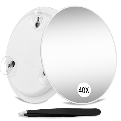 Magnifying Mirror 40X with Suction Cups, Large 6inch Travel 40X Magnified Round Makeup Mirror with High Magnification, Make up Mirror with Tweezers Sets - color: 40x -White