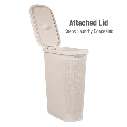 Mind Reader Slim Laundry Hamper with Lid, 40L Clothes Basket, Linen Design, Plastic, Ivory - color: Ivory