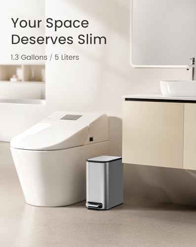 Cesun Small Bathroom Trash Can with Lid Soft Close & Pedal, 1.3 Gal, Silver | Removable Inner Bucket, Slim Stainless Steel Garbage Can for Bedroom/Office, Included 5 Trash Bags, Hidden Bag, Built to Last - color: Silver