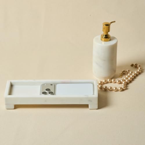 Banswara White Marble Vanity Tray - 11×4 Inch | Marble Tray for Bathroom, Perfume, Jewellery & Dressing | Trinket Tray, Bathroom Tray for Toiletries | Anti-Slip | Handmade in India