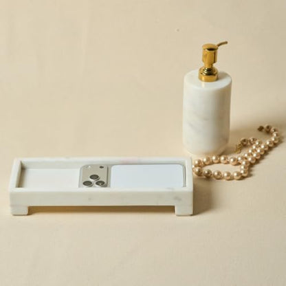 Banswara White Marble Vanity Tray - 11×4 Inch | Marble Tray for Bathroom, Perfume, Jewellery & Dressing | Trinket Tray, Bathroom Tray for Toiletries | Anti-Slip | Handmade in India